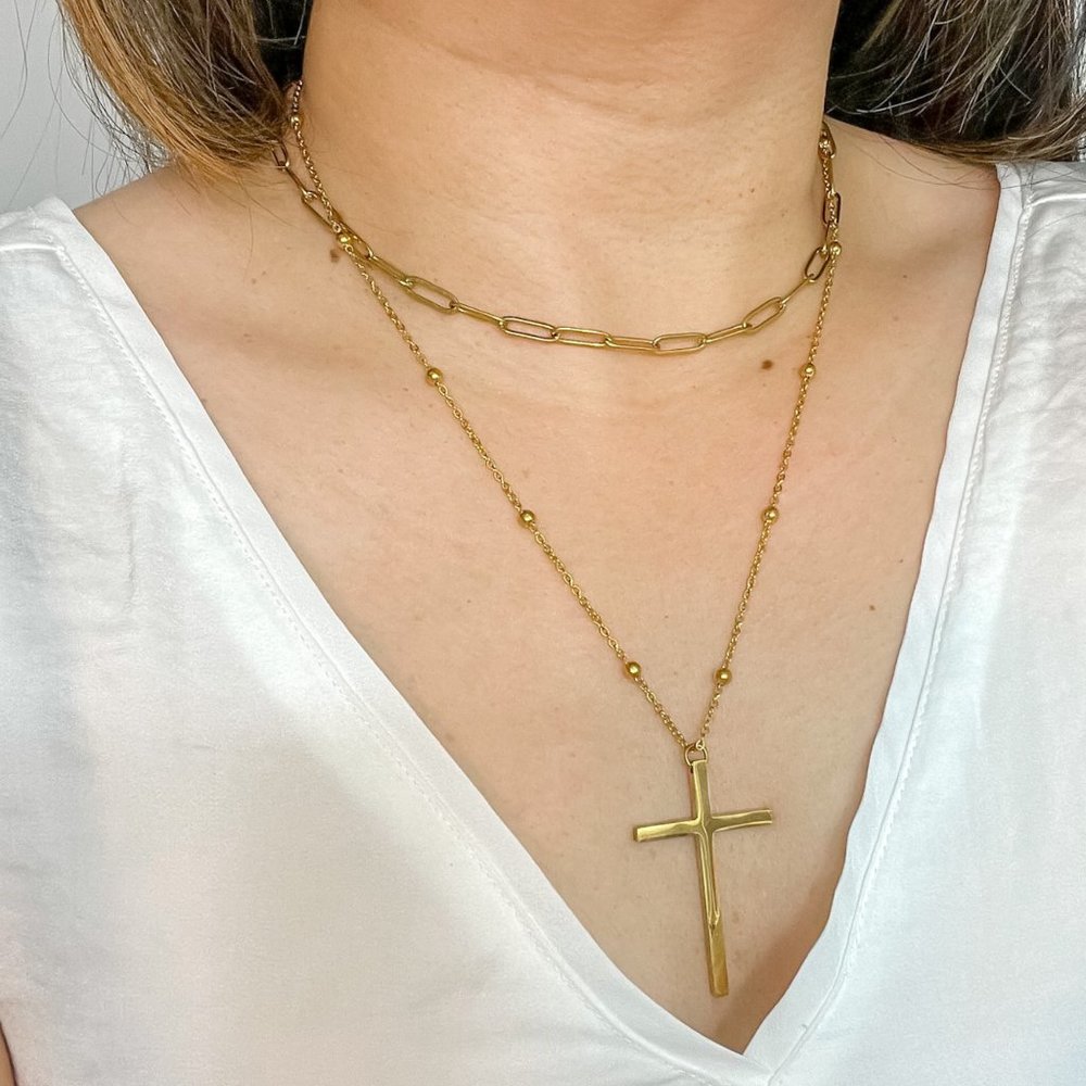 Big Cross Pendant Gold Necklace 2 Layer Necklace Gold Cross Necklace Lay…